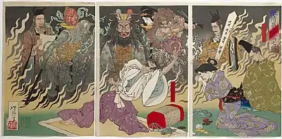 月岡芳年の武者絵。謎の熱病で死にゆく清盛の前に閻魔大王らが立ち現れ、清盛は身をよじって苦悶する。