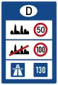 ドイツ国境に設置されている法定速度標識。市街地50 km/h、非市街地100 km/h、高速道路は推奨速度130 km/hであることを示す。