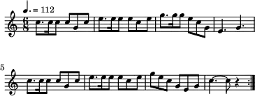 \header { tagline = ##f }
\score {
\new Staff \with{ \magnifyStaff #3/4 }{
\transposition a
\override Score.MetronomeMark.font-size = #-2
\tempo 4. = 112
\time 6/8
%\set Staff.midiInstrument = #"trumpet"
\override Score.SpacingSpanner #'common-shortest-duration = #(ly:make-moment 1 8)
\new Voice {
\repeat volta 2 {
\relative c'' {c8. c16 c8 c g c e8. e16 e8 e c e g8. g16 g8 e c g e4. g
c8. c16 c8 c g c e8. e16 e8 e c e g8 e c g e g c4.~ c8 r4 }
}
}
}
\layout {indent = 0\mm line-width = 90\mm}
}
\score {
\new Staff {
\transposition a
\tempo 4. = 112
\time 6/8
%\set Staff.midiInstrument = #"trumpet"
\new Voice {
\unfoldRepeats {
\repeat volta 2 {
\relative c'' {c8. c16 c8 c g c e8. e16 e8 e c e g8. g16 g8 e c g e4. g
c8. c16 c8 c g c e8. e16 e8 e c e g8 e c g e g c4.~ c8 r4 }
}
}
}
}
\midi {}
}