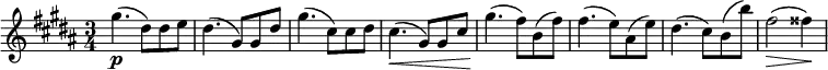\relative c''' {
\time 3/4
\key gis \minor
gis4.(\p dis8) dis e | dis4.( gis,8) gis dis' | gis4.( cis,8) cis dis | cis4.(\< gis8) gis cis |
gis'4.(\! fis8) b,( fis') | fis4.( e8) ais,( e') | dis4.(\! cis8) b( b') | fis2(\> fisis4)\! |
}