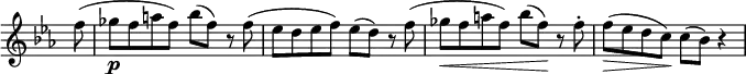 \relative c'' \new Staff \with { \remove "Time_signature_engraver" } {
\key es \major \time 4/4 \set Score.tempoHideNote = ##t \tempo "" 4=108 \partial 8
f8( ges\p f a f) bes( f) r f( es d es f) es( d) r f(
ges\< f a f) bes( f\! ) r f-. f\> ( es d c\! ) c( bes) r4
}