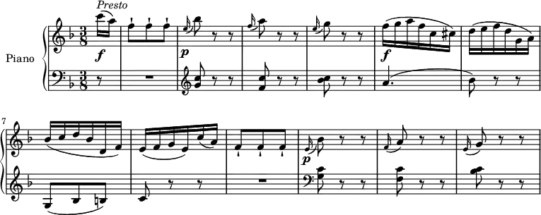 
\version "2.18.2"
\header {
  tagline = ##f
}
upper = \relative c' {
  \clef treble 
  \key f \major
  \time 3/8
  \tempo "Presto"
  \tempo 4 = 150

  \partial 8  c''16 \f ^\markup{ \italic { Presto} } (a)
  f8-! f-! f-!
   \grace e16 \p (bes'8) r r
   \grace f16 (a8) r r
   \grace e16 (g8) r r
   f16\f (g a f c cis)
   d (e f d g, a)
   bes (c d bes d, f)
   e (f g e) c' (a)
   f8-! f-! f-!
    \grace e16 \p (bes'8) r r
   \grace f16 (a8) r r
   \grace e16 (g8) r r
}

lower = \relative c' {
  \clef bass
  \key f \major
  \time 3/8
 \partial 8 r8 R1*3/8 \clef treble
 <g' c>8 r r
 <f c'> r r
 <bes c> r r
 a4. (bes8) r r
 g, (bes b) c r r R1*3/8  \clef bass
 <g c>8 r r
 <f c'> r r
 <bes c> r r
} 

\score {
  \new PianoStaff <<
    \set PianoStaff.instrumentName = #"Piano"
    \new Staff = "upper" \upper
    \new Staff = "lower" \lower
  >>
  \layout {
    \context {
      \Score
      \remove "Metronome_mark_engraver"
    }
  }
  \midi { }
}
