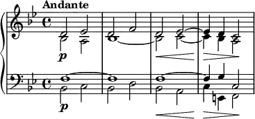 {
\new PianoStaff <<
\new Staff \relative d' {
\set Staff.midiInstrument = #"string ensemble 1" \key bes \major \clef treble \time 4/4 \set Score.tempoHideNote = ##t \tempo "Andante" 4 = 50
<<
{
\voiceOne \stemUp d2 \p es2 | % 2
d2 f2 | % 3
d2 \< es2 ~ | % 4
es4 \! \> d4 c2 \!
}
\new Voice \relative bes {
\voiceTwo \stemDown
bes2 a2 | % 2
bes1 ~ | % 3
bes2 c2 ~ | % 4
c4 bes4 a2
}
>> \oneVoice
}
\new Staff \relative f {
\set Staff.midiInstrument = #"string ensemble 1" \key bes \major \clef bass \time 4/4
<<
{
\voiceOne \stemUp
f1 \p ~ | % 2
f1 | % 3
f1 \< ~ | % 4
f4 \! \> g4 c,2 \!
}
\new Voice \relative bes, {
\voiceTwo \stemDown
bes2 c2 | % 2
bes2 d2 | % 3
bes2 a2 | % 4
c4 e,4 f2
}
>> \oneVoice
}
>>
}