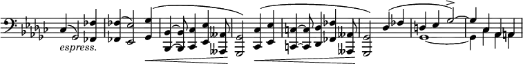 
 \relative c' \new Staff \with { \remove "Time_signature_engraver" } {
  \key es \minor \time 4/4 \clef bass
   <<
    {
     ces,4_\markup { \italic espress. }( ges2) <fes' fes,>4 <fes fes,>( <es es,>2) <ges ges,>4\<( 
     <bes,~ bes,~> <bes bes,>8 <ces ces,>4 <es es,> <aeses, aeses,>8 <ges ges,>2\!) <ces ces,>4(\< <es es,>
     <c~ c,~> <c c,>8 <des des,>4 <fes fes,> <aeses, aeses,>8 <ges ges,>2)\! des'4( fes
     d es ges2->)~ ges4 ces, aes a
    }
    \\
    {
     s1 s1 s1 s1 s1 s1 ges1~ ges4 ces aes a
    }
   >>
 }
