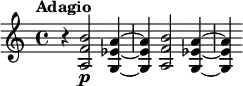 \relative c' {
\key c \major
\time 4/4
\tempo "Adagio"
\tempo 4 = 58
r4 < a f' b >2\p < g ees' a >4~
< g ees' a > < a f' b >2 < g ees' a >4~
< g ees' a >
}