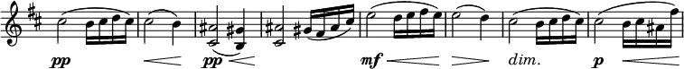 <<
\relative c'' \new Staff \with { \remove "Time_signature_engraver" } {
\key d \major \time 3/4 \set Score.tempoHideNote = ##t \tempo "" 8=116
cis2( b16 cis d cis) cis2( b4) <ais cis,>2( <gis b,>4) <ais cis,>2 gis16( fis ais cis)
e2( d16 e fis e) e2( d4) cis2( b16 cis d cis) cis2( b16 cis ais fis')
}
\new Dynamics {
s2.\pp s2\< s4\! s4\pp s8 s\< s4 s2.\!
s4.\mf s8\< s4 s2\> s4\! s4\dim s\! s s\p s s8.\< s16\!
}
>>