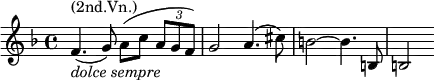 \relative g' { \key d \minor \time 4/4 f4.^\markup { (2nd.Vn.)}_\markup { \italic { dolce sempre } }(g8) a(c \times 2/3 { a g f) } | g2 a4.(cis8) | b2~ b4. b,8 | b2 }