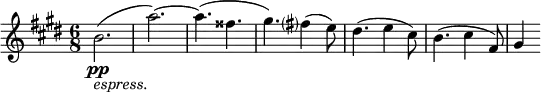 \relative c' {
\key e \major
\time 6/8
\tempo ""
\tempo 4 = 116
\set Staff.midiInstrument = "string ensemble 1"
b'2.\pp_\markup { \italic "espress." }
( a'~ )
a4. ( fisis
gis ) fis?4 ( e8 )
dis4. ( e4 cis8 )
b4. ( cis4 fis,8 )
gis4
}