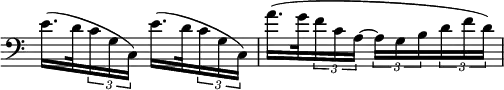 
\relative c' \new Staff \with { \remove "Time_signature_engraver" } {
 \key c \major \time 2/4 \clef bass
  e16.( d32 \times 2/3 { c16 g c,) } e'16.( d32 \times 2/3 { c16 g c,) } a''16.( g32 \times 2/3 { f16 c a~ } \times 2/3 { a g b } \times 2/3 { d f d) }
}

