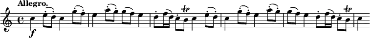 \version "2.18.2"
\relative c'' {
\key c \major
\time 4/4
\tempo "Allegro."
\tempo 4 = 130
c4\f e8-. (d-.) c4 g'8-. (f-.)
e4 a8-. (g-.) g (f) e4
d8-. f16 (d) c8-. b\trill c4 e8-. (d-.)
c4 g'8-. (f-.) e4 a8-. (g-.)
g (f) e4 d8-. f16 (d) c8-. b\trill c4
}