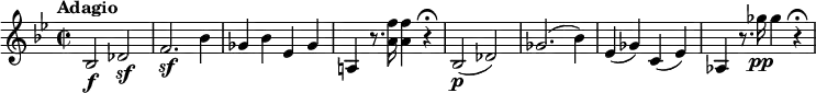 \version "2.18.2"
\relative c'' {
\key bes \major
\time 2/2
\tempo "Adagio"
\tempo 4 = 52
bes,2 \f des \sf
f2. \sf bes4
ges bes es, ges
a,! r8. <a' f'>16 <a f'>4 r\fermata
bes,2 \p (des)
ges2. (bes4)
es, (ges) c, (es)
aes, r8. ges''16\pp ges4 r\fermata
}