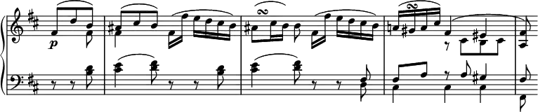 
 \relative c' {
  \new PianoStaff <<
   \new Staff \with { \remove "Time_signature_engraver" } { \key d \major \time 3/4 \partial 4.
    <<
     {
      \override TextScript #'avoid-slur = #'inside
      \override TextScript #'outside-staff-priority = ##f
      fis8([ d' b]) ais([ cis b]) \stemDown fis16( fis' e d cis b) ais8^\markup    
      \override #'(baseline-skip . 1) {
      \halign #-2
      \musicglyph #"scripts.turn"
      } ( cis16 b) b8
      fis16([ fis'] e d cis b) \stemUp a!( gis\turn a cis) fis,4( eis <fis a,>8)
     }
    \\
     { s4 fis8 fis4 s2 s2. s4 r8 cis b cis }
    >>
   }
   \new Dynamics {
    s8\p
   }
   \new Staff \with { \remove "Time_signature_engraver" } { \key d \major \time 3/4 \clef bass
    <<
     {
      d,8\rest d\rest \stemDown <d' b> <e cis>4( <fis d>8) d,\rest d\rest <d' b> <e cis>4( <fis d>8)
      d,\rest d\rest \stemUp fis fis a r a gis4 fis8
     }
    \\
     { s4. s2. s2 s8 d cis4 cis cis fis,8 }
    >>
   }
  >>
 }
