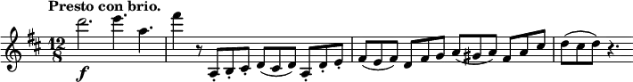 \relative c' { \key d \major \time 12/8 \tempo "Presto con brio."
d''2.\f e4. a, fis'4 r8 a,,,8-. b-. cis-. d( cis d) a-. d-. e-.
fis( e fis) d fis g a( gis a) fis a cis d( cis d) r4. }