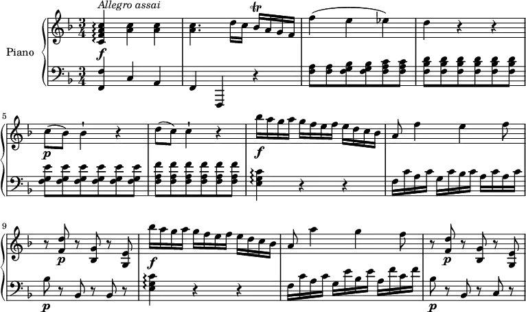 
\version "2.18.2"
\header {
  tagline = ##f
}
upper = \relative c' {
  \clef treble 
  \key f \major
  \time 3/4
  \tempo "Allegro assi"
  \tempo 4 = 134

   <c f a c>4 \arpeggio \f ^\markup{ \italic { Allegro	assai} } <a' c> <a c>
   <a c>4. d16 c bes\trill a g f
   f'4 (e ees)
   d r r
   c8  \p (bes) bes4-! r
   d8 (c) c4-! r
   bes'16\f a g a g f e f e d c bes
   a8 f'4 e f8
   r <f, d'>\p r <bes, g'> r <g e'>
   bes''16\f a g a g f e f e d c bes
   a8 a'4 g f8
   r <f, d'>\p r <bes, g'> r <g e'>
}

lower = \relative c {
  \clef bass
  \key f \major
  \time 3/4
  \set Staff.midiMinimumVolume = #0.2 \set Staff.midiMaximumVolume = #0.5
  <f, f'>4 c' a f f, r
  <f'' a>8 <f a> <f g bes> <f g bes> <f a c> <f a c>
  \repeat unfold 6 {<f bes d>} \repeat unfold 6 {<f g e'>} \repeat unfold 6 {<f a f'>}
  <e g c>4 \arpeggio r r
  f16 c' a c g c bes c a c a c
  bes8\p r bes, r bes r
  <e g c>4 \arpeggio r r
  f16 c' a c g e' bes e a, f'  c f
  bes,8 \p r bes, r c r
} 

\score {
  \new PianoStaff <<
    \set PianoStaff.instrumentName = #"Piano"
    \new Staff = "upper" \upper
    \new Staff = "lower" \lower
  >>
  \layout {
    \context {
      \Score
      \remove "Metronome_mark_engraver"
    }
  }
  \midi { }
}
