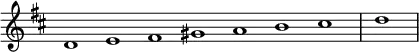 \relative c' {
\new Staff \with { \remove "Time_signature_engraver" }
{ \key d \major \time 1/1 \cadenzaOn d1 e fis gis a b cis \bar"|" d \bar"|"}
}