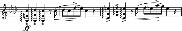 \relative c'' \new Staff \with { \remove "Time_signature_engraver" } {
\set Score.tempoHideNote = ##t \tempo "" 4=112 \key f \minor \time 4/4
<c e, g,>4-> \ff \arpeggio <des f, g,>-> \arpeggio <c e, g,>-> \arpeggio r8 c\< (
des c f-> \! e) c4 r
<e g, c,>-> \arpeggio <f bes, f>-> \arpeggio <e g, c,>-> \arpeggio r8 e\< (
f e aes-> \! g) e4 r
}