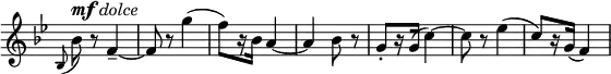 
\relative c' \new Staff \with { \remove "Time_signature_engraver" } {
 \key g \minor \time 2/4
  \grace bes8( bes')^\markup { \dynamic mf \italic dolce } r f4--~ f8 r g'4( f8)[ r16 bes,] a4~ a4 bes8 r
  g8-.[ r16 g]( c4)~ c8 r es4( c8)[ r16 g]( f4)
}
