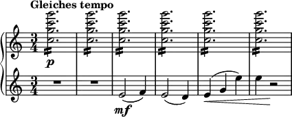 { \new PianoStaff <<
\new Staff \relative c'' { \set Staff.midiInstrument = #"string ensemble 1" \key c \major \clef treble \time 3/4 \set Score.tempoHideNote = ##t \tempo "Gleiches tempo" 4 = 190
<c g' c g'>2. \p :16 | % 2
<c g' c g'>2. :16 | % 3
<c g' c g'>2. :16 | % 4
<c g' c g'>2. :16| % 5
<c g' c g'>2. :16 | % 6
<c g' c g'>2. :16
}
\new Staff \relative e' { \set Staff.midiInstrument = #"string ensemble 1" \key c \major \clef treble \time 3/4
R2.*2 | % 3
e2 \mf ( f4 ) | % 4
e2 ( d4 ) | % 5
e4 \< ( g4 e'4 ) | % 6
e4 r2 \! }
>> }