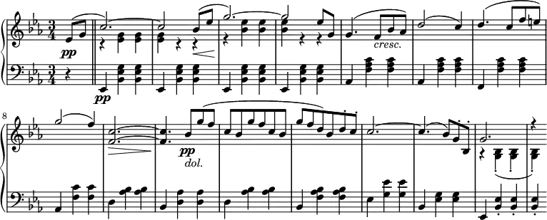 
 \relative c' {
  \new PianoStaff <<
   \new Staff { \key c \minor \time 3/4
    <<
   {
     \partial 4 ees8[( g8] \bar "||" c2.~) c2 bes8\<( ees g2.~\!) g2 ees8 g, g4.( f8[_\markup { \italic cresc. } bes aes]) d2( c4) d4.( c8[ f e]) g2( f4) <c f,>2.~\> <c f,>4.\! bes8\pp_\markup { \italic dol. } g'( f c bes g' f c bes g' f d) bes d-. c-. c2.~ c4. (bes8) g-. bes,-. g'2. r4 
   }
    \\
   {
      s8 s r4 <ees g> <ees g> <ees g> r r r <bes' ees> <bes ees> <bes ees> r r s4. s8 s s s2 s4 s4. s8 s s s2 s4 s2. s4. s8 s s s s s s s s s s s s s s s2. s4. s8 s s r4 <g, bes>4-.( <g bes>4-. <g bes>4-.)
   }
    >>
   }
   \new Dynamics {
    s4\pp
   }
   \new Staff { \key c \minor \time 3/4 \clef bass
      r ees,\pp <bes' ees g> <bes ees g> ees, <bes' ees g> <bes ees g> ees, <bes' ees g> <bes ees g> ees, <bes' ees g> <bes ees g> aes <f' aes c> <f aes c> aes, <f' aes c> <f aes c> f, <f' aes c> <f aes c> aes, <f' c'> <f c'> d <aes' bes> <aes bes> bes, <d aes'> <d aes'> d <aes' bes> <aes bes> bes, <f' aes bes> <f aes bes> ees <g ees'> <g ees'> bes, <ees g> <ees g> ees, <bes' ees>-. <bes ees>-. <bes ees>-.
   }
  >>
 }
