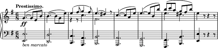 \relative c' {
\new PianoStaff <<
\new Staff { \key e \minor \time 6/8 \tempo "Prestissimo."
<<
{
g'4.~(\ff g8 e b') \stemDown b4.~( b8 g e') \stemUp e4( fis8 g4 fis8) e4.( dis4) r8
c4.~( c8 a e') e4.~( e8 b b') b( c a g fis b) \stemDown e,4 b8\rest b4\rest b8\rest
}
\\
{ s2. s2. r4 r8 c4. fis,2. s2. s2. e'4. dis s4 }
>>
}
\new Staff { \key e \minor \time 6/8 \clef bass
<e,, e,>2._\markup { \italic { ben marcato } } <d d,> <c c,>4. <a a,> <b b,>2. <a a,> <g g,> <fis fis,>4. <b b,> <e e,>4 r8 r4 r8
}
>>
}