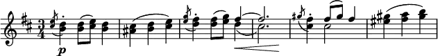 \relative c'' {
\time 3/4
\key b \minor
\acciaccatura <cis e>8 <b d>4-.\p <b d>8( <cis e>) <b d>4 | <ais cis>4( <b d> <cis e>) | \acciaccatura <e g>8 <d fis>4-. <d fis>8( <e g>) << { fis4~ | fis2. } \\ { d4(\< | cis2.*1/2) s2.*1/2\! } >> |
\acciaccatura gis'8 <fis cis>4-. << { fis8( gis) fis4 } \\ { cis2 } >> | <gis' eis>4( <a fis> <b gis>4)
}