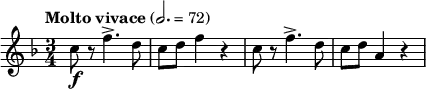 
\relative c' {
\key f \major
\time 3/4
\tempo "Molto vivace" 2. = 72
\tempo 4 = 216
\set Staff.midiInstrument = "violin"
c'8\f r f4.-> d8
c d f4 r
c8 r f4.-> d8
c d a4 r
}
