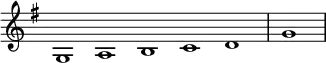 \relative c' {
\new Staff \with { \remove "Time_signature_engraver" }
{ \key g \major \time 1/1 \cadenzaOn g1 a b c d \bar "|" g \bar"|"}
}