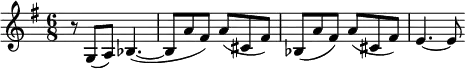 \relative c' { \key g \major \time 6/8
r8 g8( a) bes4.(~ | bes8 a' fis) a( cis, fis) | bes,8( a' fis) a( cis, fis) | e4.~ e8 }