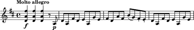 \relative c' {
\key d \major
\tempo "Molto allegro"
<d a' fis'>4\f q q r8 a\p |
d8 a fis' d e a, g' e |
fis8 d a' fis b( g) fis-. e-. |
d8 a fis' d e a, g' e |
}