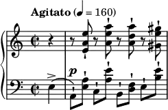 
\new PianoStaff <<
\new Staff = "Up" <<
\new Voice \relative c' {
\clef treble
\tempo "Agitato" 4=160
\key a \minor
\time 2/2
\partial 4
r4 r8 <e a e'>-! r <a e' a>-! r <a d a'>-! r <gis e' gis>-!
}
>>
\new Staff = "Down" <<
\new Voice \relative c{
\clef bass
\key a \minor
\dynamicUp
e4-> (a,8-! \p) [<e' a>-!] c-! <a' e'>-! b,-! [<f' d>-!] e-! <b' e>-!
}
>>
>>

