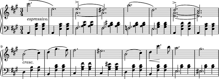 \relative c' {
\new PianoStaff <<
\new Staff { \key fis \minor \time 3/4
\set Score.tempoHideNote = ##t
\tempo "" 2. = 64
{ cis''2._\markup { \italic espressivo. }( e,) }
<<
{\voiceOne e2.->( dis2.)}
\new Voice
{\voiceTwo a2.~ a2.}
>>
\oneVoice b'2.( d,2.)
<<
{\voiceOne d2.->( cis)}
\new Voice
{\voiceTwo <a e>~ <a e>}
>>
\oneVoice b2_\markup { \italic cresc. }( cis4) d( gis4. fis8) fis2. eis b2( cis4) d\< cis'4.\! b8 a2. gis
}
\new Dynamics {}
\new Staff { \key fis \minor \time 3/4 \clef bass
{a,,,4 <e' a cis> <e a cis> a,4 <e' a cis> <e a cis>}
<<
{\stemDown s4 <a b e> <a b e> s <a b dis> <a b dis> s <a b d> <a b d> s <gis b d> <gis b d> }
\\
{fis2. fis f e}
\\
{fis2. fis f e}
>>
{a,4 <e' a d> <e a d> a,4 <e' a cis> <e a cis> d <fis b> <fis b> b, <fis' b d> <fis b d> cis <gis' b fis'> <gis b fis'> cis, <gis' b eis> <gis b eis> d <fis b d> <fis b d> b, <fis' b d> <fis b d> }
<<
{\stemDown s4 <b d> <b d> s <b d> <b d>}
\\
{e,2. eis2.}
\\
{e2. eis2.}
>>
}
>>
}