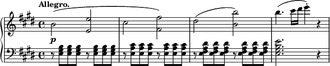 \relative c' {
\new PianoStaff <<
\new Staff { \key e \major \time 4/4 \tempo "Allegro."
b'2( <e e,> cis <fis fis,>) dis( <b' b,>) b4.( cis16 dis e4-.) r
}
\new Dynamics {
s2\p
}
\new Staff { \key e \major \time 4/4 \clef bass
r8 <b,, gis e> <b gis e> <b gis e> r <b gis e> <b gis e> <b gis e>
r <cis a e> <cis a e> <cis a e> r <cis a e> <cis a e> <cis a e>
r <dis a fis e> <dis a fis e> <dis a fis e> r <dis a fis e> <dis a fis e> <dis a fis e>
<e b gis e>2. r4
}
>>
}