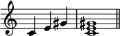{\omit Staff.TimeSignature \time 3/4 c'4e'gis' \time 4/4 <c'e'gis'>1 \bar "||"}