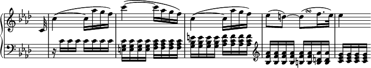 
 \relative c' {
  \new PianoStaff <<
   \new Staff \with { \remove "Time_signature_engraver" } { \key aes \major \time 2/4 \partial 32
    \override TextScript #'avoid-slur = #'inside
    \override TextScript #'outside-staff-priority = ##f
    c32 c'4~( c16 aes' g f) c'4~( c16 aes g f) c4~( c16 aes' g f)
    es8( d)~
    d(^\markup    
       \override #'(baseline-skip . 1) {
        \halign #-3
        \tiny \musicglyph #"scripts.turn"
       }
    f16. es32) es4
   }
   \new Staff \with { \remove "Time_signature_engraver" } { \key aes \major \time 2/4 \clef bass \partial 32
    s32 r16 c, c c c c c c
    <c g e> <c g e> <c g e> <c g e>
    <c aes f> <c aes f> <c aes f> <c aes f>
    <e bes g> <e bes g> <e bes g> <e bes g>
    <f c aes> <f c aes> <f c aes> <f c aes>
    \clef treble <aes f bes,> <aes f bes,> <aes f bes,> <aes f bes,>
    <aes f b,> <aes f b,> <aes d, b> <aes d, b>
    <g es c> <g es c> <g es c> <g es c>
   }
  >>
 }
