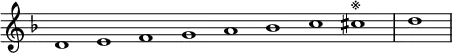\relative c' {
\new Staff \with { \remove "Time_signature_engraver" }
{ \key d \minor \time 1/1 \cadenzaOn d1 e f g a bes c cis^\markup{※} \bar "|" d \bar"|"}
}