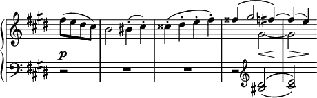 \relative c' {
\new PianoStaff <<
\new Staff \with { \remove "Time_signature_engraver" } { \key e \major \time 4/4 \partial 2
<<
{
\stemDown fis'8( e dis cis) b2 bis4-.( cis-.) cisis-.( dis-. e-. fis-.)
\stemUp fisis( gis2 fis4)~ fis( e) }
\\
{ s2 s1 s s2 gis,~ gis }
>>
}
\new Dynamics {
s2\p s1 s s2 s4\< s\! s\> s\!
}
\new Staff \with { \remove "Time_signature_engraver" } { \key e \major \time 4/4 \clef bass \partial 2
r2 R2*2 R r2 \clef treble <dis bis>2( ^\( <e cis>) \)
}
>>
}