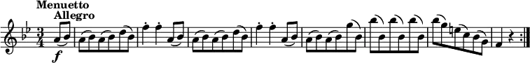 \relative a' {\set Staff.midiInstrument = #"violin"
\key bes \major \time 3/4
\tempo "Menuetto"
\tempo 4 = 168
\partial 4 a8^\markup {\bold Allegro}( \f bes)
a8( bes) a8( bes) d( bes)
f'4-. f-. a,8( bes)
a8( bes) a8( bes) d( bes)
f'4-. f-. a,8( bes)
a8( bes) a8( bes) g'( bes,)
bes'8( bes,) bes'( bes,) bes'( bes,)
bes'8( g) e( c) bes( g)
f4 r \bar ":|."
}