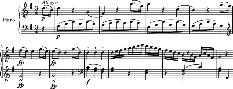 
\version "2.18.2"
\header {
  tagline = ##f
}
upper = \relative c' {
  \clef treble 
  \key g \major
  \time 3/4
  \tempo "Allegro"
  \tempo 4 = 130
  %\autoBeamOff

 \partial 4 d'8. \p ^\markup{ \italic {Allegro } } (b16)
  d4 r g,
  (fis) r a'8. (fis16)
  a4 r c,
  (b) r g'8. (fis16)
  fis8\fp (e) e4 g8. (e16)
  e8\fp (d) d4 g8. (d16)
  d4-! d-! d-!
  d16 e fis g a b c d c b a g
  fis e d c b d b g a c a fis
  g4 r 


}

lower = \relative c {
  \clef bass
  \key g \major
  \time 3/4
   \partial 4  r4
  g'8 \p (b d b d b)
  a (c d c d c)
  fis, (a d a d a)
  g (b d b) g4
   \clef treble
  <c g'>2  \fp r4
  <b g'>2  \fp r4  \clef bass
  <a c>4 \f (<g b> <fis a>)
  <g b> r <e g>
  r  << { \stemDown d2 g4} \\ {\stemUp  g4 ^ ( c) b } >>
  g,4 
} 

\score {
  \new PianoStaff <<
    \set PianoStaff.instrumentName = #"Piano"
    \new Staff = "upper" \upper
    \new Staff = "lower" \lower
  >>
  \layout {
    \context {
      \Score
      \remove "Metronome_mark_engraver"
    }
  }
  \midi { }
}
