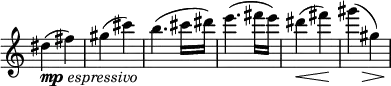 
\relative c'' \new Staff \with { \remove "Time_signature_engraver" } {
 \key c \major \time 2/4 \set Score.tempoHideNote = ##t \tempo "" 4=132
 dis4_\markup { \dynamic mp \italic espressivo }( fis) gis( cis) b4.( cis16 dis)
 e4.( fis16 e) dis4\< ( fis\! ) gis4*1/2( s8\> gis,4*1/2) s8\!
}
