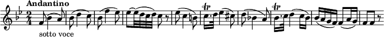 
\relative c'' {
  \version "2.18.2"
  \tempo "Andantino"
  \key bes \major
  \time 2/4
  \tempo 4 = 34
  f,8 _ \markup {sotto voce} (bes4 a8)
  bes (d4 c8)
  bes (f'4 ees8)
  ees ~ ees32 (d c d) c8 r
  ees8 (c4 b8)
  c16. \trill d32 ees4 (cis8)
  d8 (bes!4 a8)
  bes16. \trill c32 d4 (c16 bes)
  bes (a g f) f8 (a16 g)
  f8 f r
}
