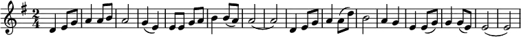 \relative f' { \key e \minor \time 2/4 | d e8 g | a4 a8 b | a2 | g4( e) | e8 e g a | b4 b8( a) | a2( | a) | d,4 e8 g | a4 a8( d) | b2 | a4 g | e e8( g) | g4 g8( e) | e2( | e)| }