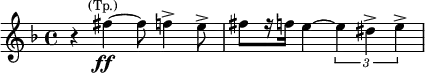  \relative c'' { \key d \minor \time 4/4 \set Score.tempoHideNote = ##t \tempo "" 4 = 66
{r4 fis4_\markup{\center-align \dynamic ff}^\markup{\smaller \center-align (Tp.)} ~ fis8 f4-> e8-> fis8[ r16 f16] e4 ~ \tuplet 3/2 {e4 dis-> e->}}
} 