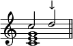 <<{\omit Staff.TimeSignature c''2d''^"↓逸音"}\\{<c'e'g'>1 \bar "||"}>>