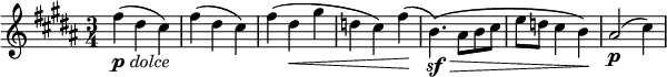 \relative c'' {
\time 3/4
\key b \major
fis4(_\markup{\dynamic "p" \italic "dolce"} dis cis) | fis( dis cis) | fis( dis\< gis | d cis) fis(\! | b,4.\()\sf\> ais8 b cis | e d cis4 b\)\! | ais2(\p cis4) 
}