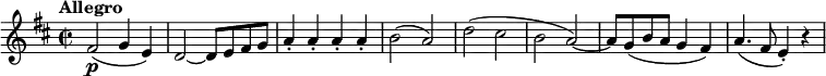 \version "2.18.2"
\relative c'' {
\key d \major
\time 2/2
\tempo "Allegro "
\tempo 4 = 240
fis,2\p (g4 e)
d2 ~ d8 e fis g
a4-. a-. a-. a-.
b2 (a)
d (cis
b a)
~ a8 g (b a g4 fis)
a4. (fis8 e4-.) r
}