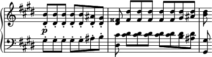 
 \relative c' {
  \new PianoStaff <<
   \new Staff \with { \remove "Time_signature_engraver" } { \key cis \minor \time 4/4 \partial 2*7/4
    <b' dis,>8-. <b dis,>-. <b dis,>-. <b dis,>-. <b dis,>-. <ais dis,>-. <gis dis>-. | <fisis dis>
    <dis' fisis,>[ <dis fisis,> <dis fisis,>] <dis fisis,> <dis fisis,> <dis gis,> <dis ais> | <dis b>
   }
   \new Dynamics {
    s8\p
   }
   \new Staff \with { \remove "Time_signature_engraver" } { \key cis \minor \time 4/4 \clef bass
    gis,,8-. gis-. gis-. gis-. gis-. ais-. b-. | <cis dis,>
    <dis cis>[ <dis cis> <dis cis>] <dis cis> <dis cis> <dis b> <dis ais> | <gis, gis,>
   }
  >>
 }
