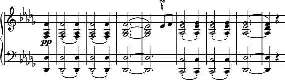 
 \relative c' {
  \new PianoStaff <<
   \new Staff \with { \remove "Time_signature_engraver" } { \key des \major \time 3/4 \partial 4
    <f aes, f> <f aes, f>2-.( <f aes, f>4-.) <f aes, f>2-.( <f aes, f>4-.)
    <f bes,~ ges~>2.^\( <es bes ges>2 \)
    es8 f^\markup    
       \override #'(baseline-skip . 1) {
        \halign #2
        \teeny \center-column {
         \musicglyph #"scripts.turn"
         \natural
        } 
       }
    <ges es aes,>2-.( <ges es aes,>4-.) <ges es aes,>2-.( <ges es aes,>4-.)
    <ges es aes,~>2.^\( <f des aes>4 \) r
   }
   \new Dynamics {
    s4\pp
   }
   \new Staff \with { \remove "Time_signature_engraver" } { \key des \major \time 3/4 \clef bass \partial 4
    <des, des,>4 <des des,>2-.( <des des,>4-.) <des des,>2-.( <des des,>4-.)
    <des~ des,~>2. <des des,>
    <c c,>2-.( <c c,>4-.) <c c,>2-.( <c c,>4-.) <des~ des,~>2. <des des,>4 r
   }
  >>
 }
