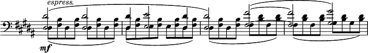 
 \relative c' \new Staff \with { \remove "Time_signature_engraver" } {
  \key b \major \time 4/4 \clef bass
   <<
    { <dis dis,>2(\mf <dis dis,> <dis dis,>4 <e e,>2 <dis dis,>4 <dis dis,>2) <fis~ fis,~>2( <fis fis,> <gis gis,>) }
   \\
    {
     dis,8(^\markup { \italic espress. } <b' fis> dis, <b' fis> dis, <b' fis> dis, <b' fis>)
     dis,( <b' fis> e, <b' fis> e, <b' fis> dis, <b' fis>)
     dis,( <b' fis> dis, <b' fis> fis <dis' b> fis, <dis' b>)
     fis,( <dis' b> fis, <dis' b> gis, <dis' b> gis, <dis' b>)
    }
   >>
 }
