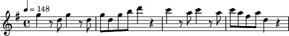 \relative c''' {
\set Staff.midiInstrument = #"violin"
\tempo 4 = 148
\key g \major
\time 4/4
g4 r8 d8 g4 r8 d8 | g8 d g b d4 r4 | c4 r8 a8 c4 r8 a8 | c8 a fis a d,4 r4
}