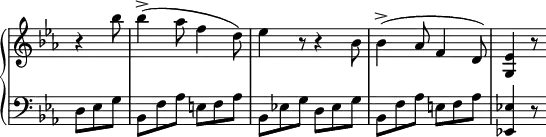 
 \relative c' {
  \new PianoStaff <<
   \new Staff \with { \remove "Time_signature_engraver" } { \key es \major \time 6/8 \partial 4.
    r4 bes''8 bes4->( aes8 f4 d8) es4 r8 r4 bes8 bes4->( aes8 f4 d8) <es g,>4
r8
   }
   \new Staff \with { \remove "Time_signature_engraver" } { \key es \major \time 6/8 \clef bass
    d,8 es g bes,[ f' aes] e[ f aes] bes,[ es! g] d[ es g] bes,[ f' aes] e[ f aes] <es! es,!>4 r8
   }
  >>
 }
